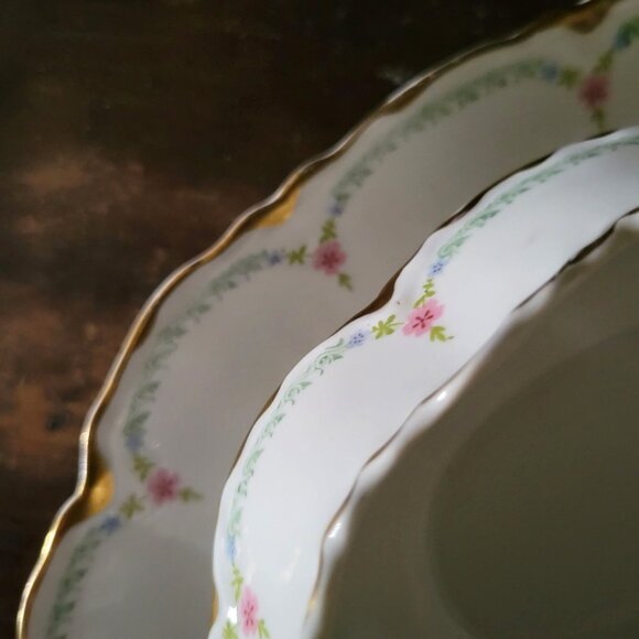 Pope Gosser Gravy Boat w/ Attached Underplate Gold Trim Pink Flower Green Swag - Picture 10 of 12
